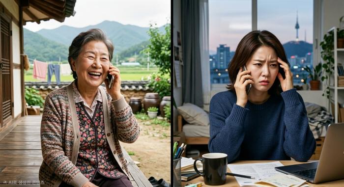 시골의 시어머니와 도시의 며느리가 전화 통화 하고 있다